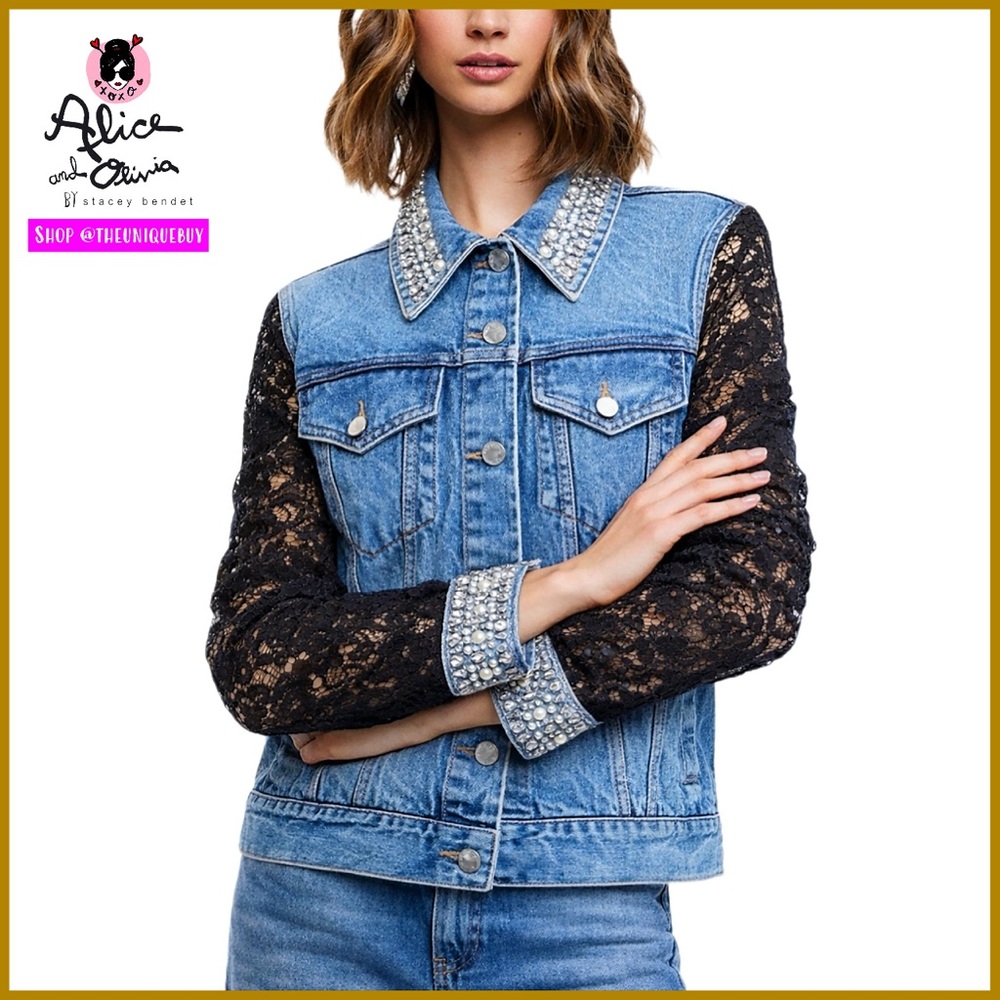 Alice + Olivia Jeff Oversized Embellished Lace Sleeve Denim Jacket
